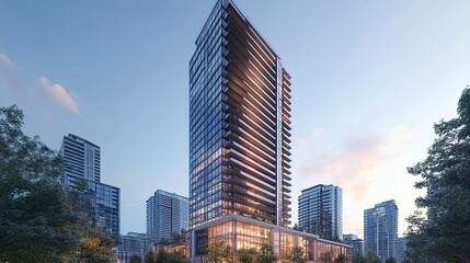 Fototapeta premium Reflective high-rise with clean architectural lines and a dynamic presence, a generic symbol of achievement and modern success. 