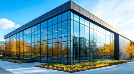 Obraz premium Reflective windows of a sleek office building, capturing surrounding urban landscapes and highlighting innovative design. 