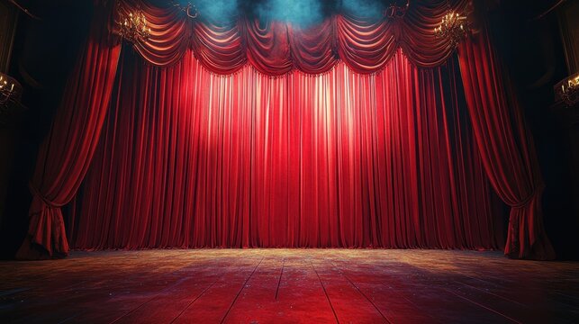 Majestic red theater curtains and wooden stage with dramatic lighting