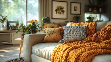 Cozy living room with orange throw and cushions in sunlit modern interior