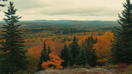 Obraz premium An expansive autumnal forest view under a cloudy overcast sky