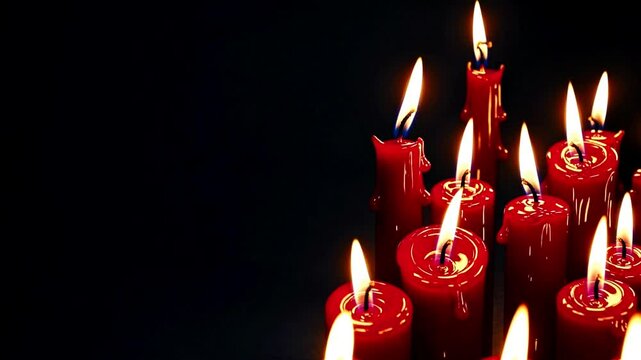 Red candles burning on dark black background. candles burning. Isolated candle burning with dark background. Red paraffin candle with yellow shades burns on a black background. Hope and believe