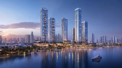 Obraz premium Showcase of a bustling urban skyline, panoramic view of elegant skyscrapers and high-end properties epitomizing modernity and prosperity. 