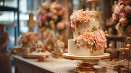 Naklejka premium Wedding cake on luxury store stand
