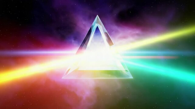 A glowing prism vastness of deep space, beam of light that splits into rainbow holographic rays. colorful gas clouds, rays cosmic landscape, resemble constellations or quantum entanglements - Powered by Adobe
