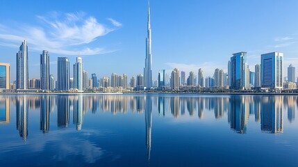 Sleek and modern skyscrapers forming the iconic skyline of the city, with reflective facades and bold designs epitomizing urban sophistication.  