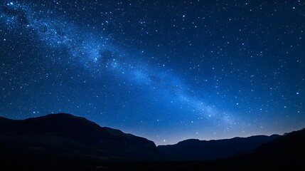 A scenic view of the milky way galaxy and dark silhouettes of mountains under a starry night sky