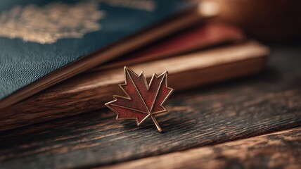 Naklejka premium A silver maple leaf pin rests on a wooden surface beside a passport.