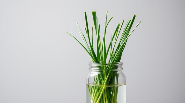 Fresh chives in a glass jar with water against a simple grey background perfect for culinary or gardening content.
