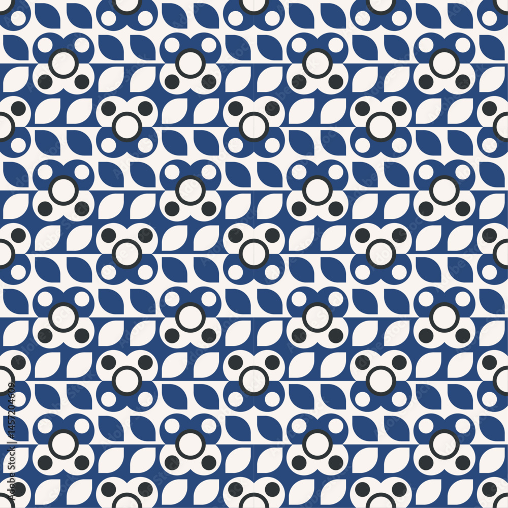 Poster repeating geometric pattern featuring stylized flowers and leaves. the color palette is limited to b