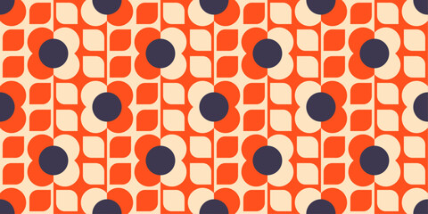 retro-style floral pattern. The design consists of stylized flowers with dark blue centers and orange petals, alternating with beige, leaf-shaped elements.