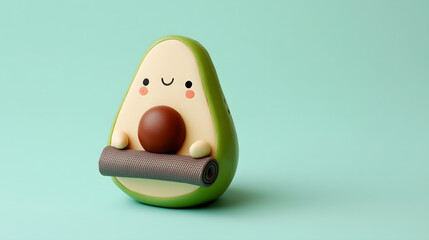 Adorable cartoon avocado character holding a rolled yoga mat, smiling with blush cheeks on a soft mint green background.