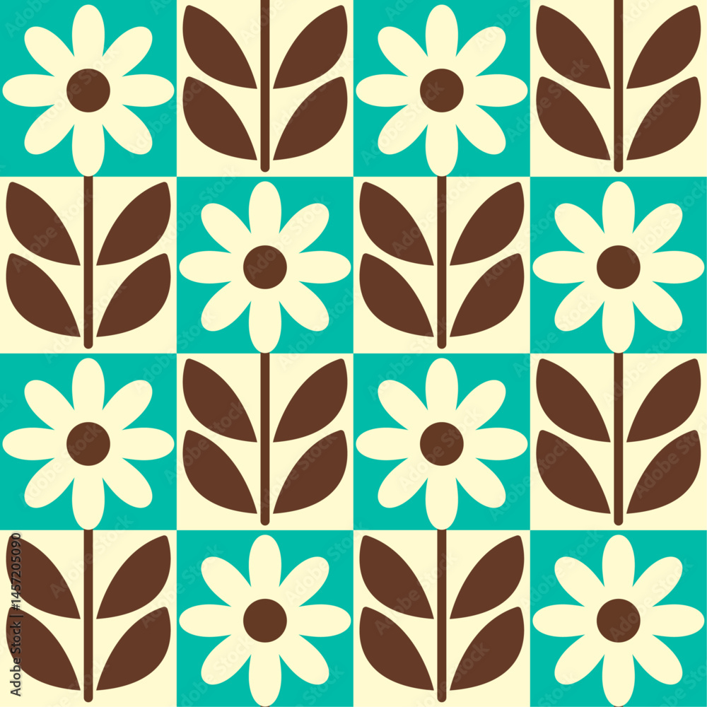 Poster the design is simple and geometric, reminiscent of 1960s or 1970s aesthetics. retro-style floral pat