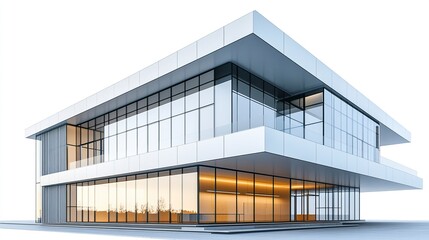 Fototapeta premium Sleek modern architecture building with clean lines and a minimalist design, featuring large glass panels and geometric shapes, isolated on a white background. 