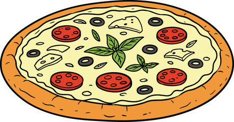 hand drawn Cartoon Illustration of a Pepperoni Pizza
Topped Pizza Graphic
Delicious Pizza with Pepperoni, Olives, and Basil
Colorful Pizza Vector Art
Pizza with Classic Italian Toppings
