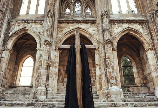a draped wooden cross stands prominently before the ornate gothic architecture of a historic cathedral.