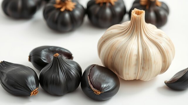 Close-up shot of fresh black garlic cloves and one bulb of regular garlic on a white background showcasing the difference in color and texture.