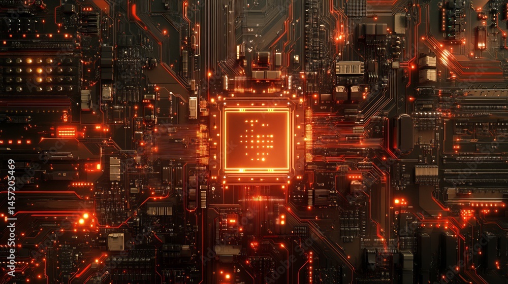 Poster abstract technology background orange circuit board digital design red dark chip data lines power