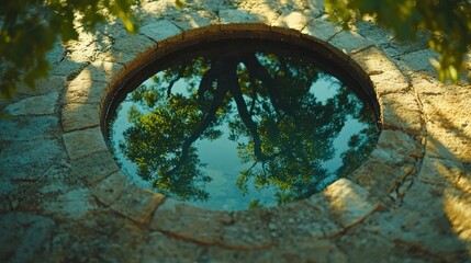 Circular stone well reflecting trees and sky