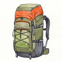 Olive Green and Orange Watercolor Backpack Illustration