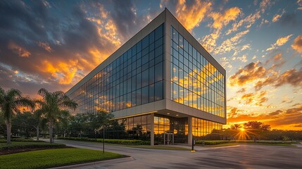 Sleek office building at sunset, its minimalist architecture blending with the natural tones of the golden hour for a serene yet dynamic scene. 