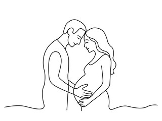 Continuous line drawing silhouette of pregnant woman and her husband who hugs her in the last month of pregnancy. Vector illustration on white background