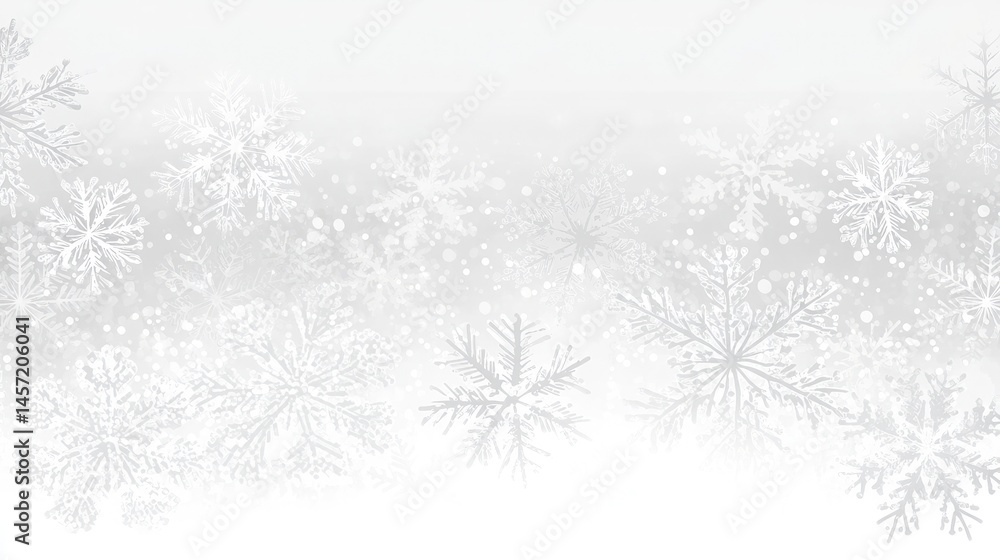 Poster white decorative snowflake pattern with soft light grey bokeh and detailed designs