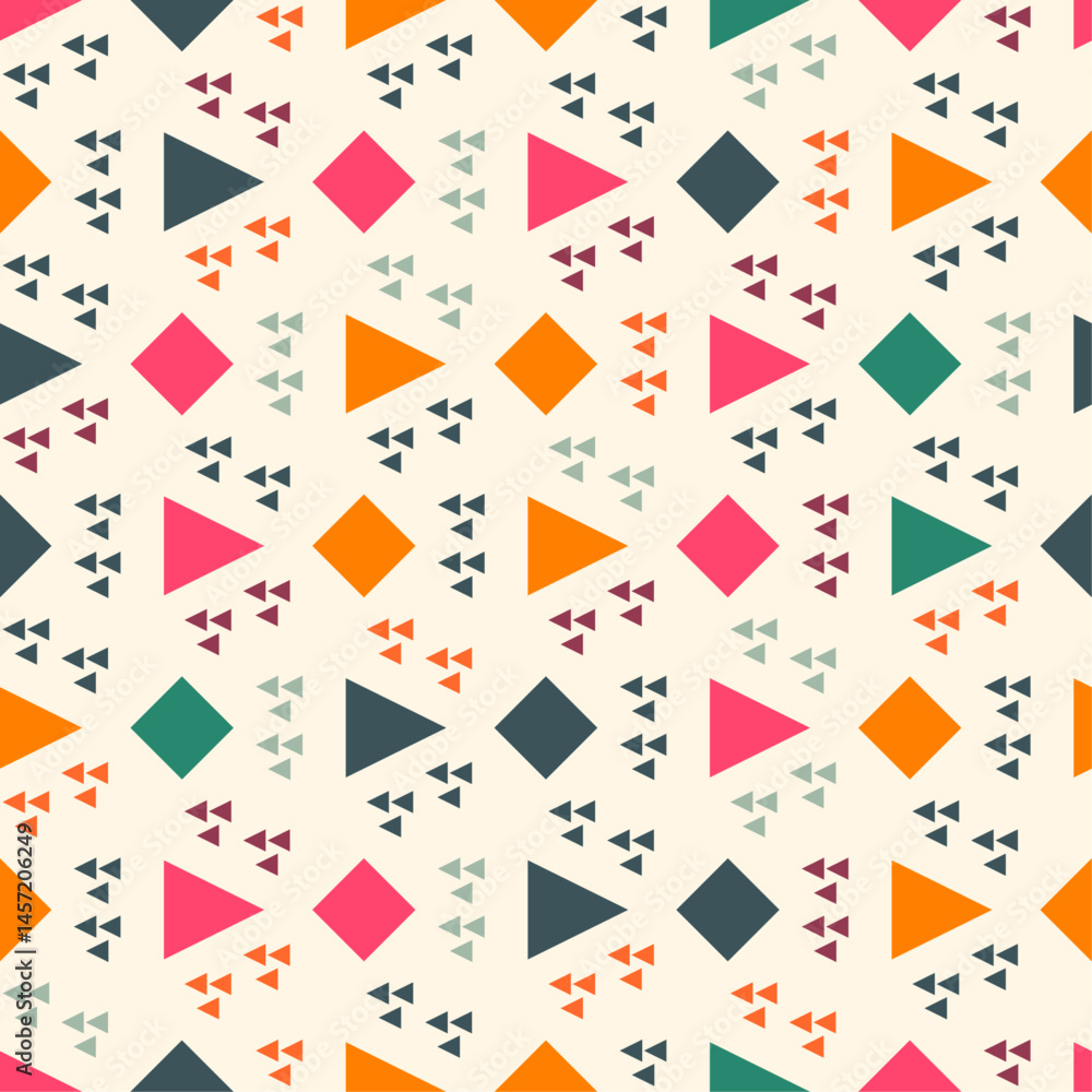 Aufkleber Geometric pattern with triangles and diamonds in various colors including pink, orange, green, and dark blue. Each shape is accompanied by a cluster of smaller triangles in a complementary color.