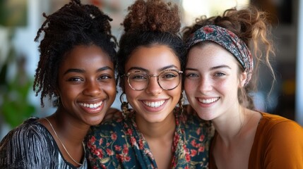 Fototapeta premium Smiling diverse young women embracing friendship indoors