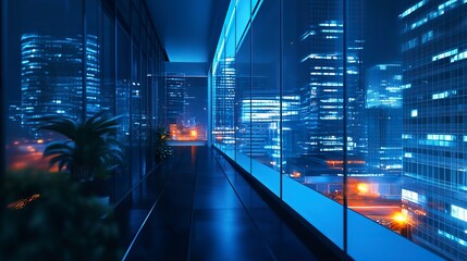 Sleek office building with glass windows glowing in a cool blue tone from inner artificial lamplights, enhancing the urban nighttime vibe.  
