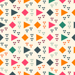 Geometric pattern with triangles and diamonds in various colors including pink, orange, green, and dark blue. Each shape is accompanied by a cluster of smaller triangles in a complementary color.