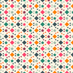 Pattern consists of diamonds, stars, and triangles in various colors, including pink, orange, green, and navy. These shapes are arranged in a repeating pattern against a light beige background.