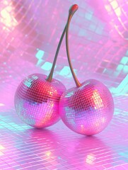 disco ball cherries on holographic background &ndash; perfect for party invitations, nightlife posters, or retro-themed social media content