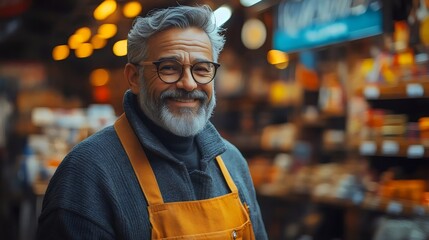 Obraz premium A smiling, older man with glasses, wearing an apron in a shop, looking content and cheerful.