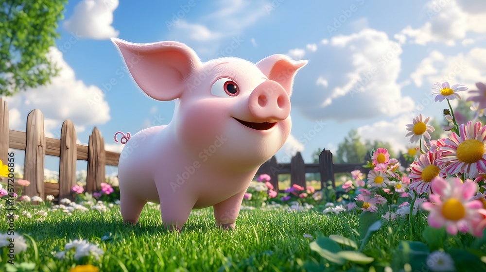 Poster a charming digital rendering of a cheerful piglet in a meadow.