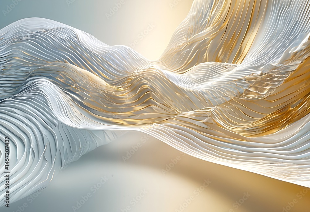 Poster a stunning abstract rendering of flowing, layered forms in cool teal and warm gold creates a dynamic