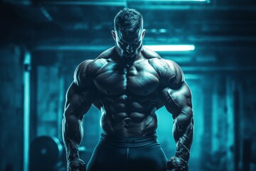 Bodybuilder showcasing muscular physique in gym setting under dramatic lighting during a workout session