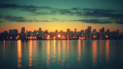 Fototapeta premium City skyline at sunset over water, blurred