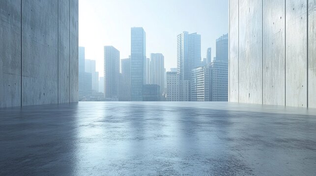 Spacious concrete floor in front of contemporary downtown office buildings, minimalist urban scene offering versatile copy space.  d1