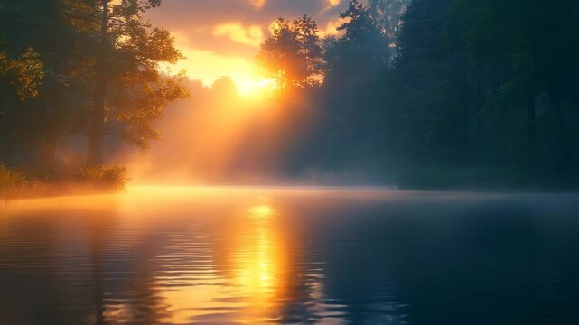 A tranquil river flowing through a dense forest with sunlight breaking through the mist
