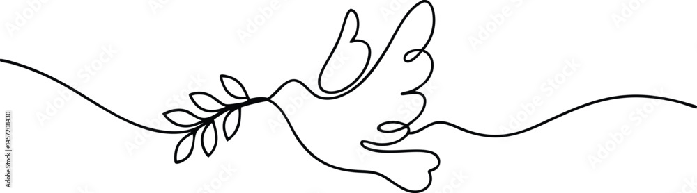 Poster continuous one line drawing of a bird in flight carrying an olive branch, symbolic and elegant minim