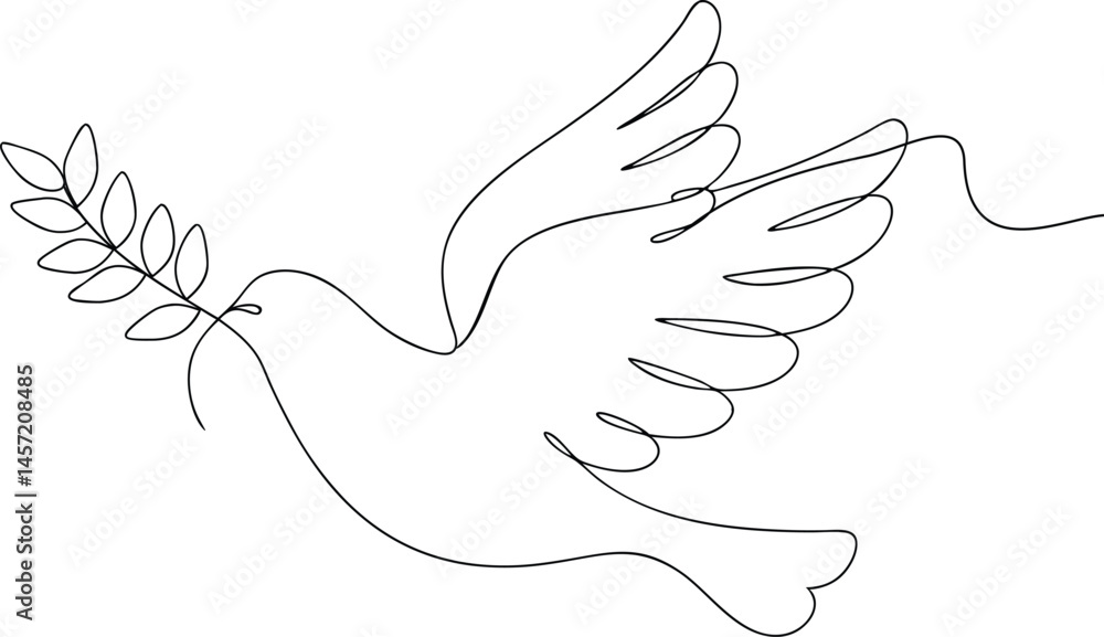 Poster continuous one line drawing of a bird in flight carrying an olive branch, symbolic and elegant minim