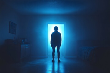 Fototapeta premium Silhouette in a mysterious blue light standing before an open door in a dark room
