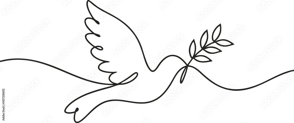 Poster continuous one line drawing of a bird in flight carrying an olive branch, symbolic and elegant minim