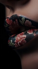 Close-up of lips with artistic floral makeup design—ideal for high fashion editorials, beauty branding, surreal visual art, creative cosmetics campaigns, or artistic photography showcases