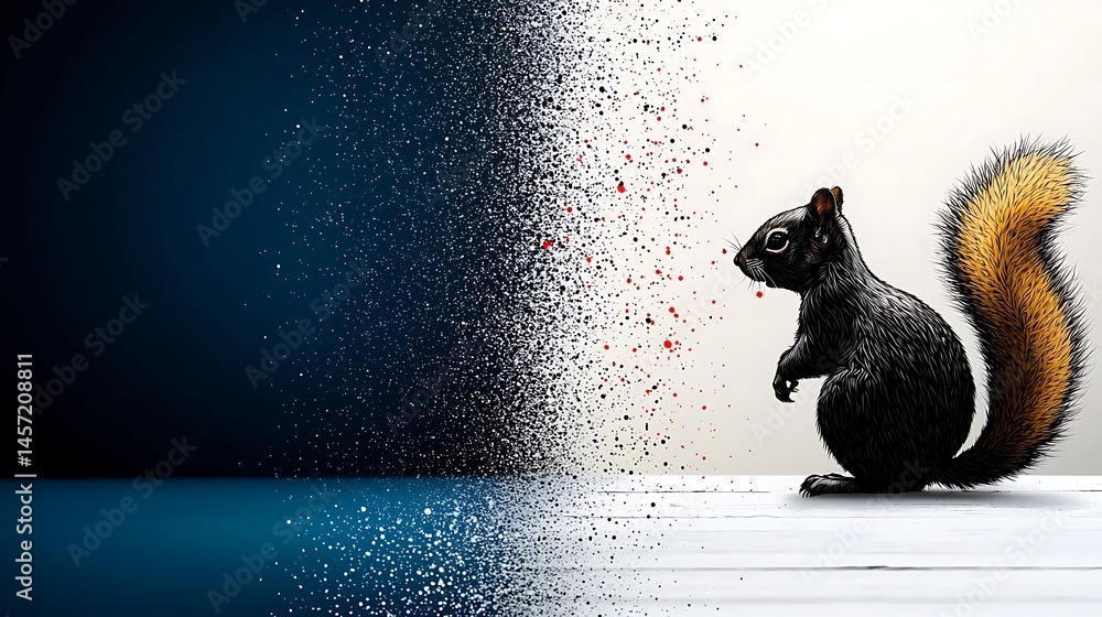 Poster squirrel in artistic transition with colorful particles on a minimalist background