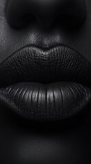 Close-up of glossy black lips on dark skin – luxury beauty, bold editorial style, high fashion aesthetic