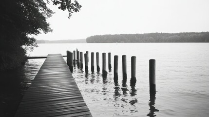 A wooden pier extends into a tranquil lake on a cloudy day