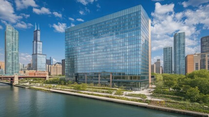 Glass skyscraper near a river surrounded by other city buildings