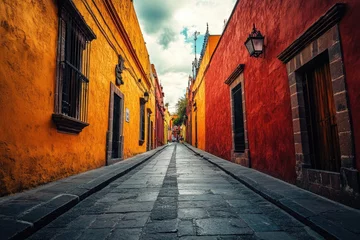 Fototapete Enge Gasse Colorful alleyway in a historic Mexican town.  Vibrant yellow and red buildings line a narrow street.  Stone pavement extends into the distance under a partly cloudy sky  © sofia
